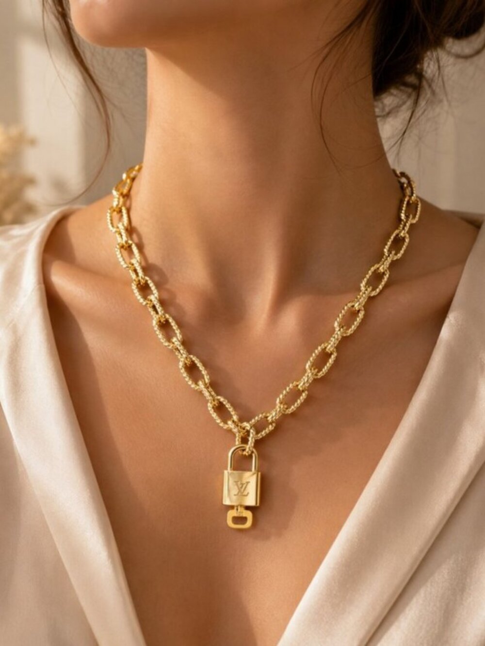 100% Auth Louis Vuitton Lock & Key with Unbranded Gold Plated Chain Necklace